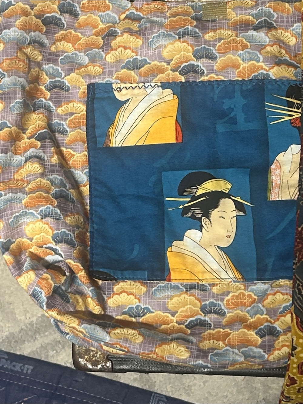 Three go green handmade bags Geisha Print  an old fashion hippie bag Quilted Bag